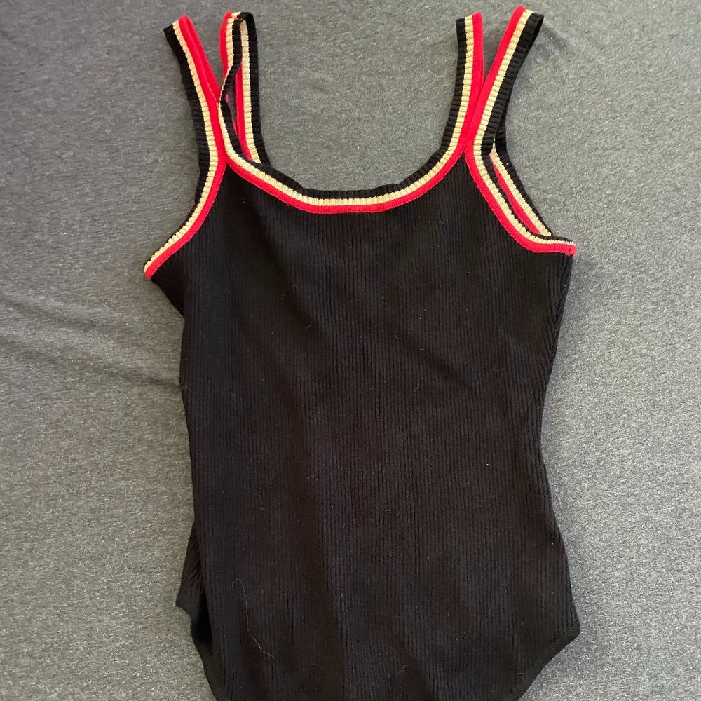 Black Body suit (with red and cream double straps)